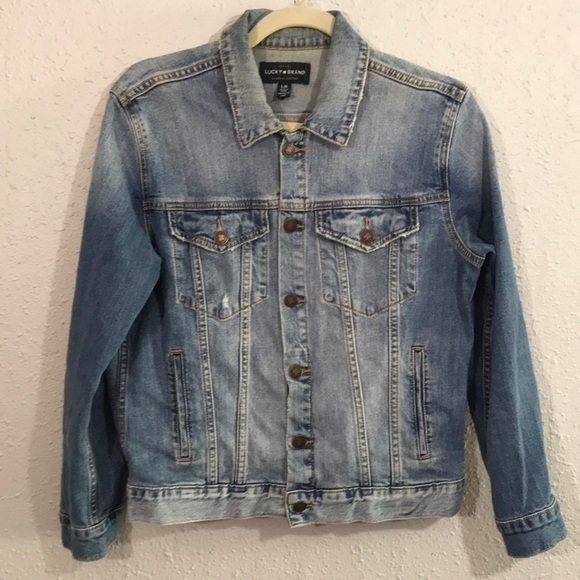 Lucky Brand “The Tomboy Trucker” Distressed Long Sleeve Vtg. Denim Jacket size L - Picture 1 of 10